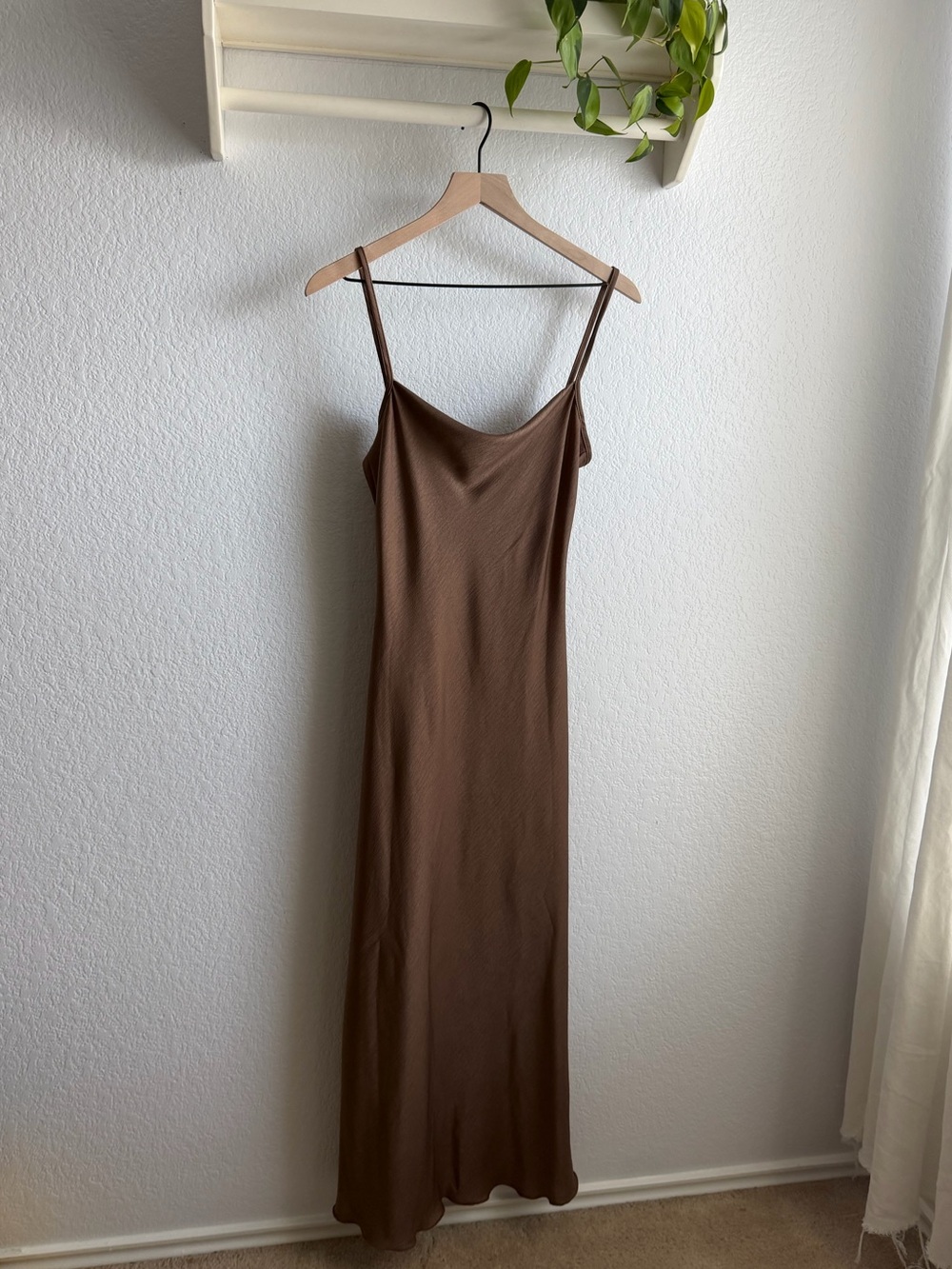 BEBE Brown Satin Bias Cut Slip Dress Midi Maxi 90s Minimalist Size Small